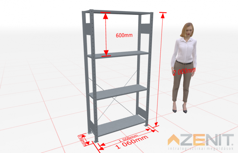 Kapcsolható polcos állvány alapmező MULTIplus típus, 1000×300 mm polcokkal, 2000 mm magas 4 polcos horganyzott 